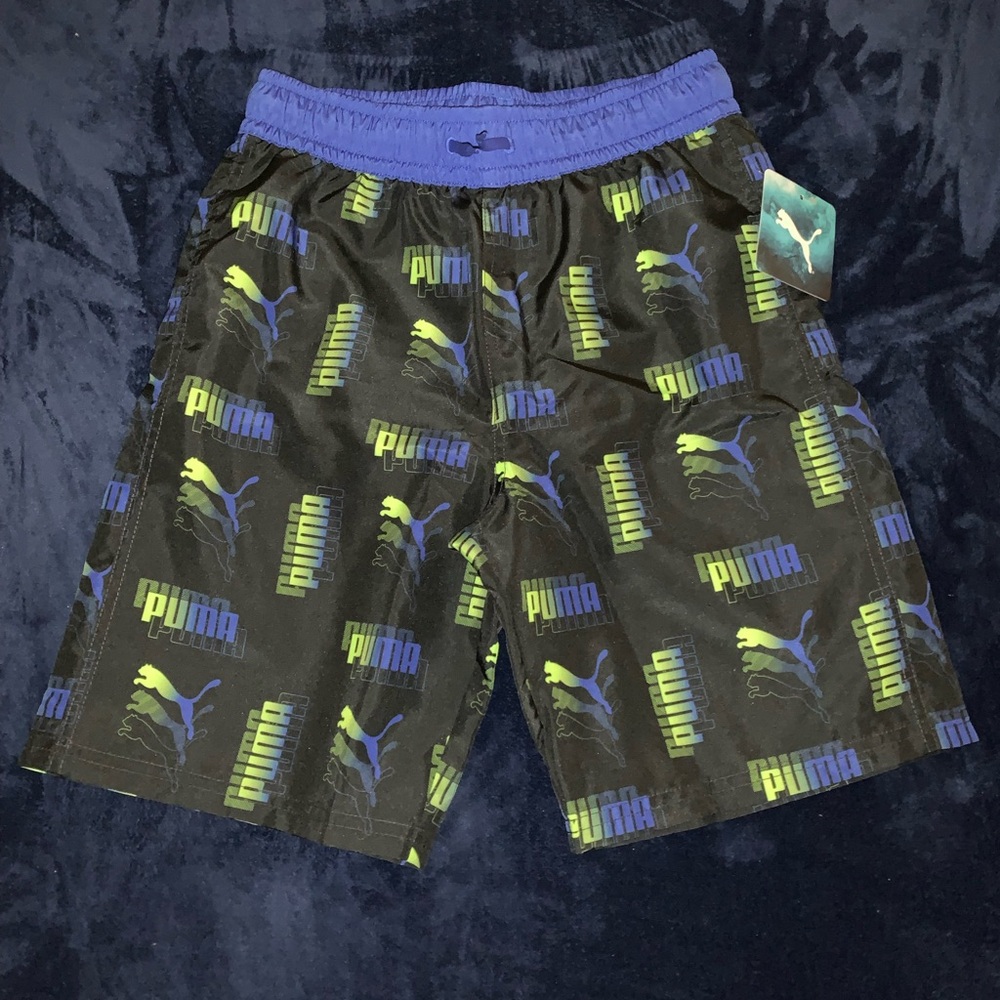 Puma Black Shorts with Blue and Neon Green Logo Print